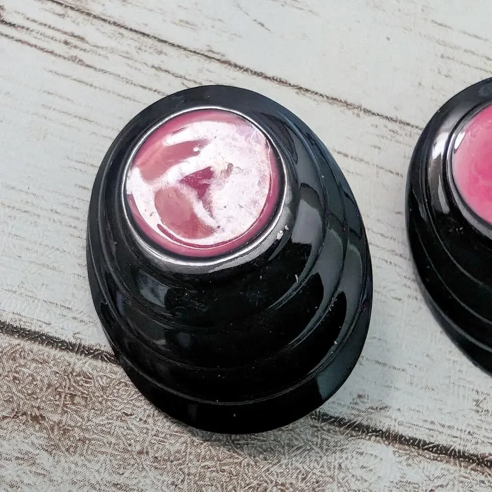 Vintage Clip On Earrings Dark Pink & Black Oval 1.25